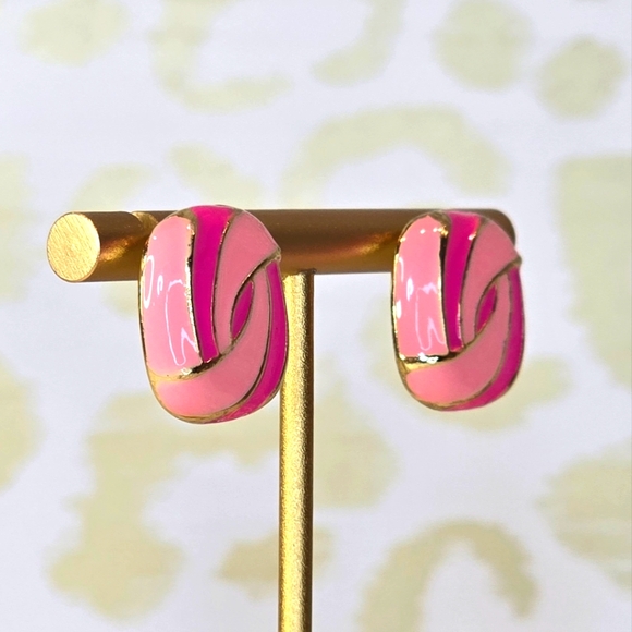 Two Tone Pink Enamel and Gold Plated Fashion Swirl Stud Earrings - Picture 5 of 5